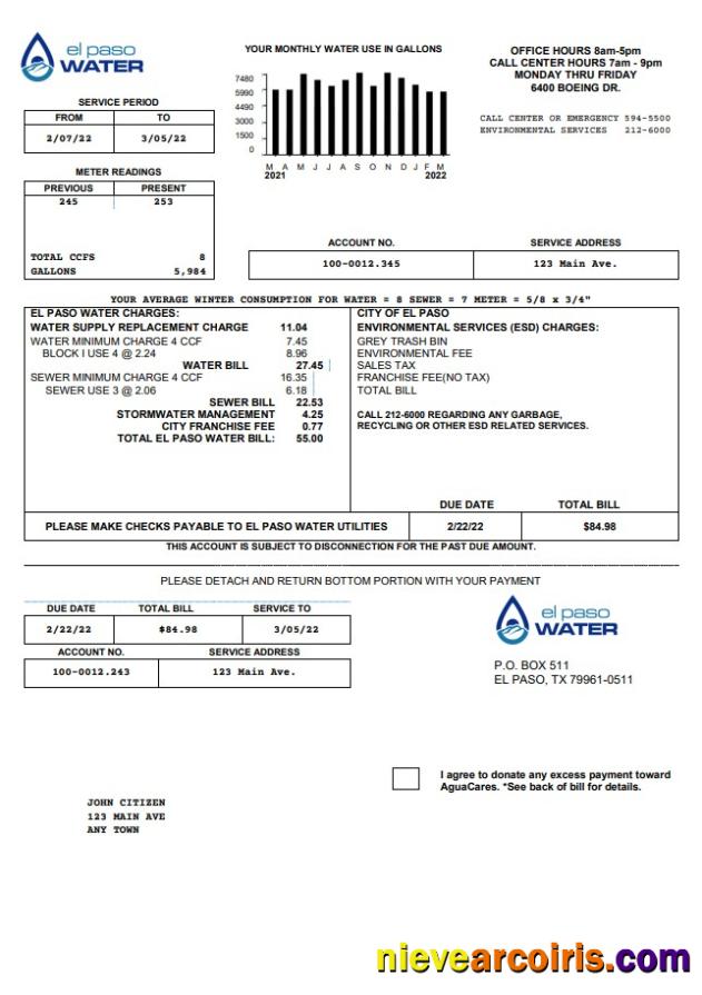 USA Texas El Paso Water utility bill